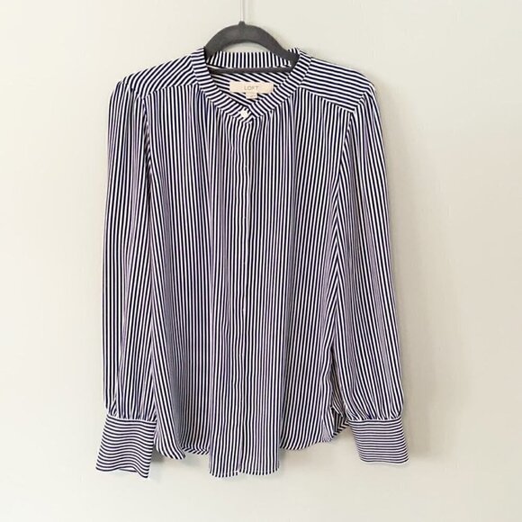 LOFT blue white striped mock collar hidden button front long sleeve top - Picture 1 of 10